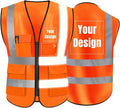 YOWESHOP High Visibility Safety Vest Custom Your Logo Protective Workwear 5 Pockets With Reflective Strips Outdoor Work Vest (Orange (L))