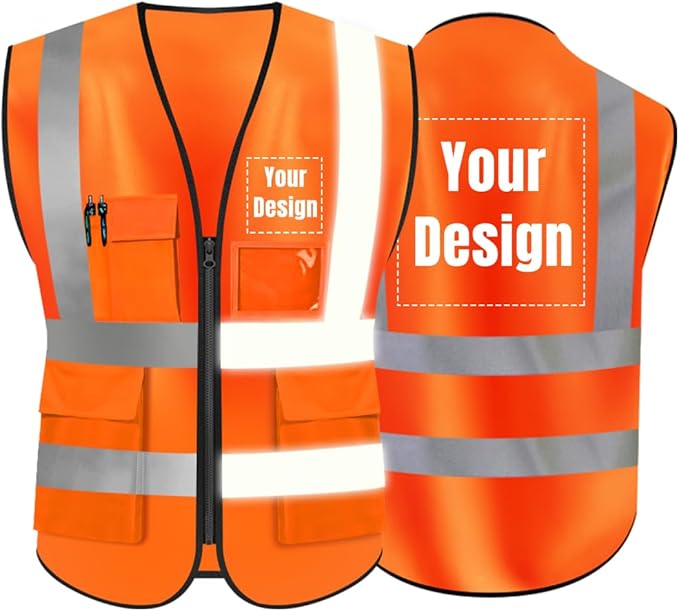 YOWESHOP High Visibility Safety Vest Custom Your Logo Protective Workwear 5 Pockets With Reflective Strips Outdoor Work Vest (Orange (L))