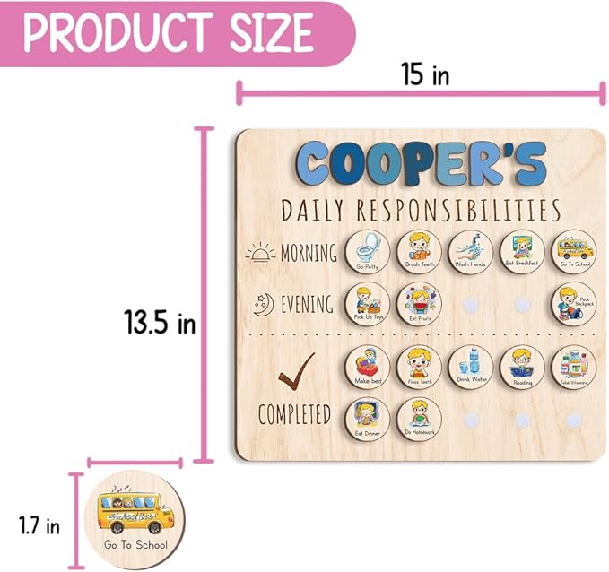 Personalized Wooden Daily Routine Chart 13.5x15", Visual Schedule, Daily Responsibilities for Kids, Morning Bedtime Routine Chart for Toddlers (13)