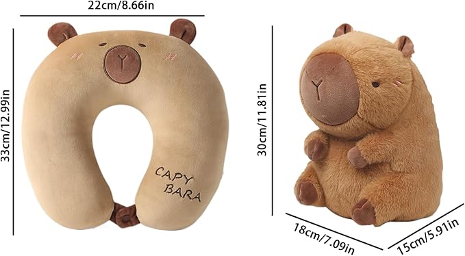 U Shape Travel Pillow - Capybara Plush 2 in 1 | Neck Support Cushion for Children Adults | Airplane Sleeping Pillow for Car Camping Office Road Trip Home | Soft Travel Comfort Accessory