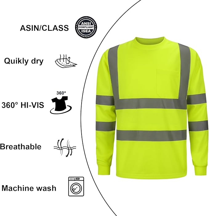 High Visibility Class 3 T Shits, Hi vis Safety Shirts with Reflective Strips and Pocket, Long Sleeve Quick Dry Mesh Construction Work Shirt for Men/Women Lime.6XL