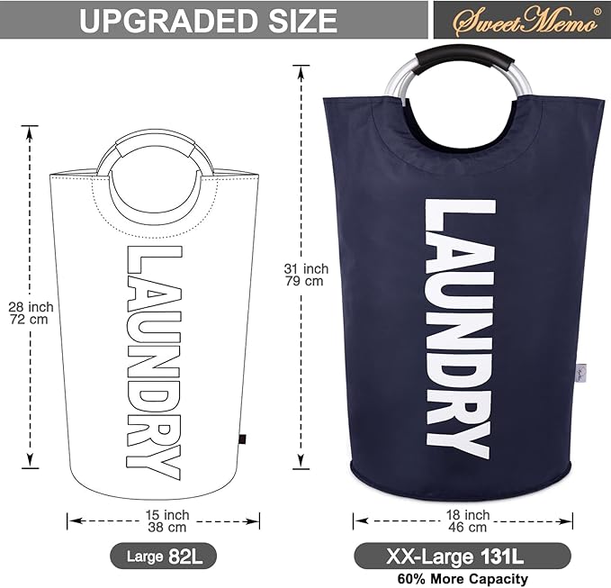 Large Laundry Basket Collapsible，Freestanding Clothes Hamper Bag with Handles – Tall Folding Dirty Laundry Bin，Sturdy Laundry Sorter for College Dorm，Laundry Room – 131L (Navy Blue)