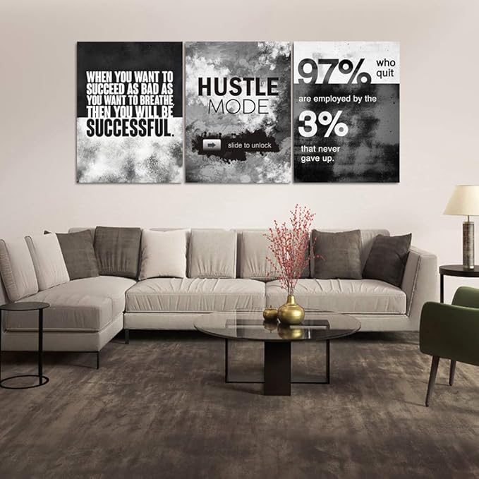 Motivational Office Wall Decor, Inspirational Canvas Wall Art, 3 Pieces Hustle Posters Prints Entrepreneur Success Quote Wall Decor for Lobby Meeting Room Hallway Living Room(36”Wx16”H)