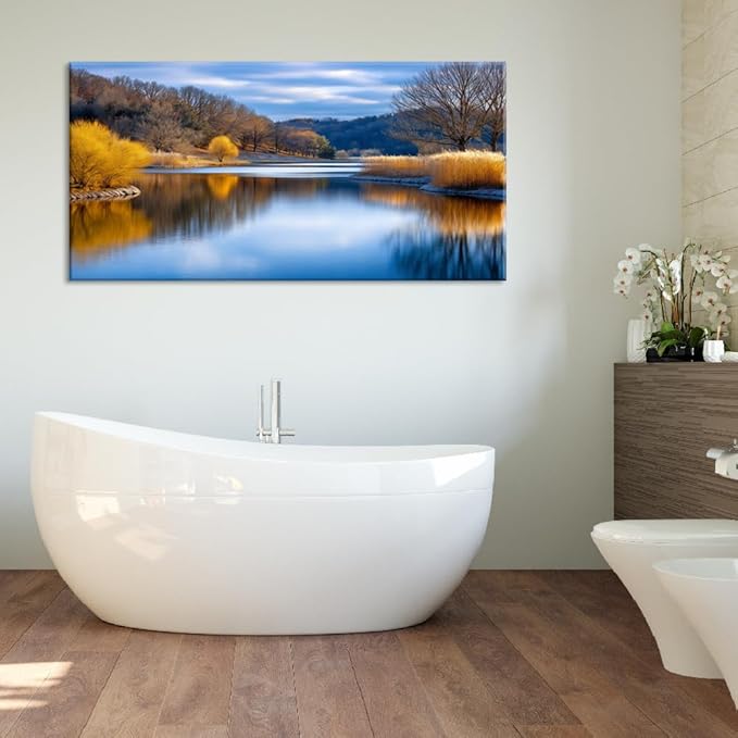 Beautiful Yellow Forest Park Wall Art for Living Room Office Calm Lake Blue Painting Prints Nature Autumn Canvas Artwork Over The Couch Bedroom Decor Large