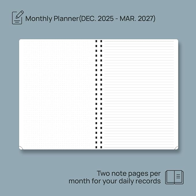 POPRUN 2026-2027 Monthly Planner A4 Size, 16 Months Calendar (Dec 2025-Mar 2027), 2 Pages per Month with Dotted & Lined Note, Monthly Tabs, Spiral Softcover, 2 Inner Pockets - Midnight Green