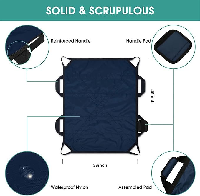 Bed Positioning Pad with Reinforced Handles, 45" X 36" Multipurpose Waterproof Transfer Sheet for Turning, Lifting & Sliding, Reusable Washable Patient Positioning Sheet for Bedridden, Caregiver, Dark