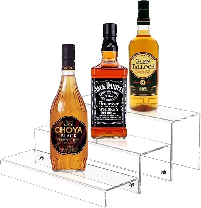 2 Pack Tiers Bar Shelves for Liquor Bottles, 15" Clear Acrylic Risers Display Racks Stands for Figures Pops Cupcake Perfume Collections (Clear)