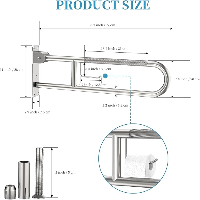 Toilet Grab Bar 30.3 Inch, Munzong Anti-Slip Handicap Grab Bars with Paper Holder, Flip-Up Bathroom Toilet Safety Rails, Stainless Steel Knurled Support handrails for Seniors Elderly Disabled Pregnant