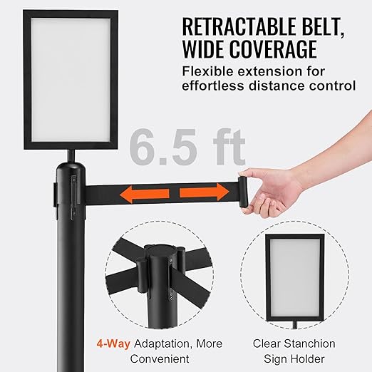 VEVOR Crowd Control Stanchions, 6-Pack Crowd Control Barriers, Carbon Steel Baking Painted Stanchion Queue Post with Sign Holder & 3PCS 6.5FT Retractable Belt, Belt Barrier Line Divider, Easy Assembly