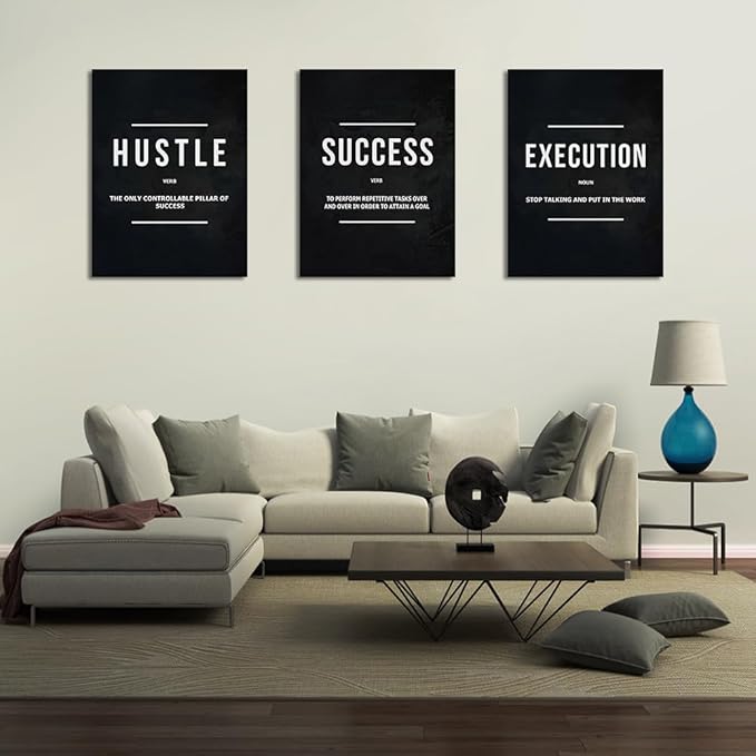 Unbruvo Hustle Success Execution Wall Art for Office, Inspirational Motivational Wall Decor, 3 Pieces Positive Quotes Canvas Wall Art for Entrepreneur Living Room Bedroom(72''Wx 36''H)
