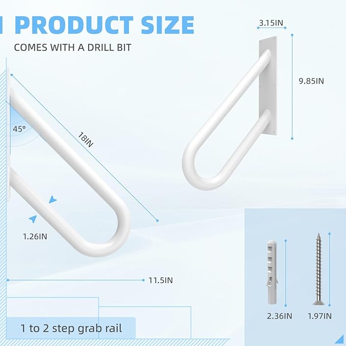 2 Pack Handrails for Outdoor Steps Wall Mount, Railings for 1-2 Steps, U-Shaped Handrail with Powder Coated Finished, Stair Handrails for Garage, Porch, Yard and Garden (18" Length, White)