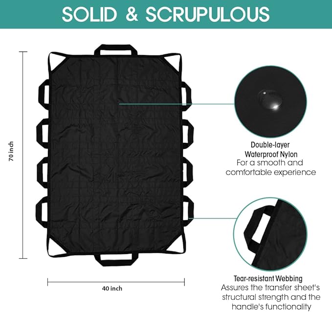 Bed Positioning Pad with Reinforced Handle, 70" X 40" Multipurpose Waterproof Transfer Sheet for Turning, Lifting & Sliding, Reusable Washable Patient Positioning Sheet for Bedridden, Caregiver, Black