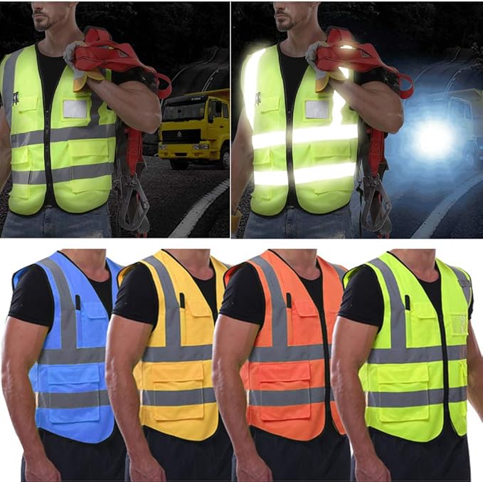 YOWESHOP High Visibility Safety Vest Custom Your Logo Protective Workwear 5 Pockets With Reflective Strips Outdoor Work Vest (Pink (L))