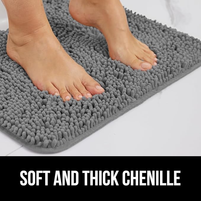 GORILLA GRIP Area Rug Sets 3 Piece, Bath Mat Set and Oval Toilet Base with Rubber Backing, Plush Absorbent Shaggy Chenille Washable Mats, Includes 24x19.5, 24x17 and 30x20 Inch Rugs, Grey