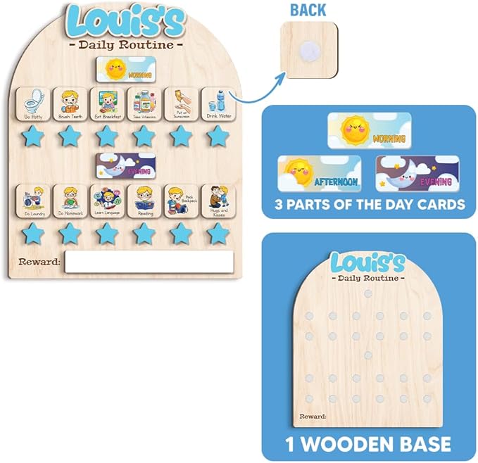 Wooden Chore Chart for Boys, Daily Routine Chart for Kids, Visual Schedule, Chore Reward Chart, Bedtime Morning Routine Chart for Toddlers (02)