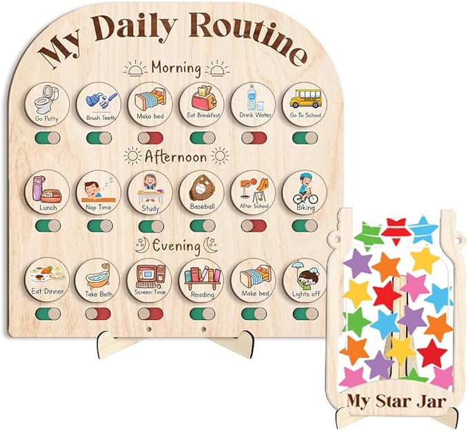 Wooden Daily Routine Chart with 30 Tokens Reward Jar, Toddler Reward System, Morning Bedtime Routine Chart, Toddler Charts for Behavior and Routines, Wooden Chore Chart for Kids