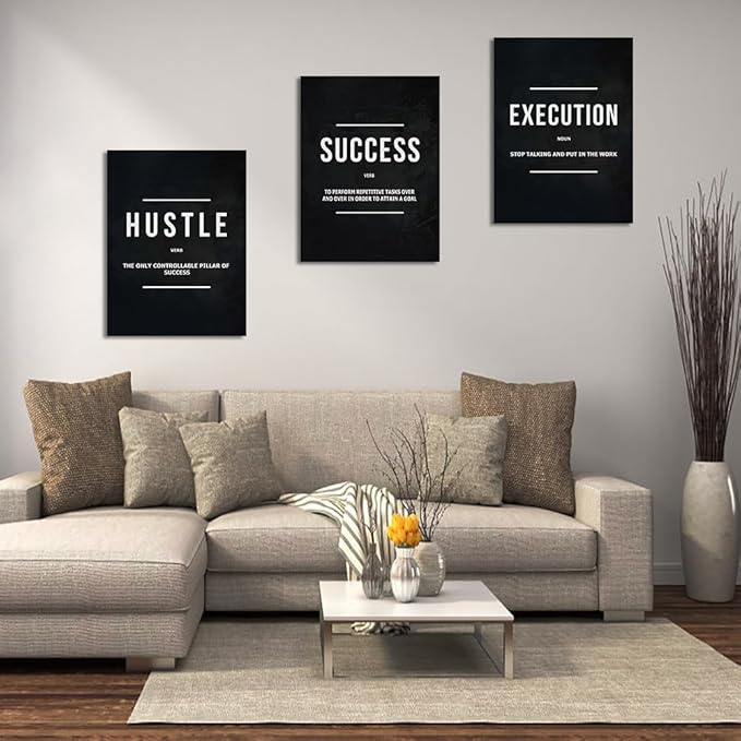 Unbruvo Hustle Success Execution Wall Art for Office, Inspirational Motivational Wall Decor, 3 Pieces Positive Quotes Canvas Wall Art for Entrepreneur Living Room Bedroom(60''Wx 28''H)