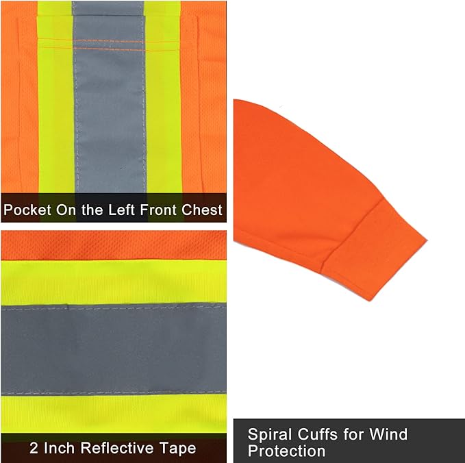 FONIRRA Hi Vis Shirts for Men Reflective ANSI Class 2 Safety Long Sleeve High Visibility Work Construction T Shirts Orange