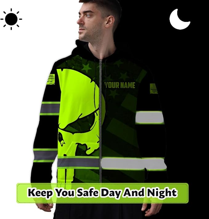 Maddly Hi Vis Reflective Zip Up Hoodie, High Visibility Safety Jacket with Skull Design for runner, worker, trucker, cyclist