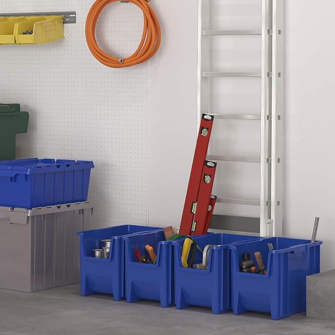 Akro-Mils 13014 Stak-N-Store Heavy Duty Stackable Open Front Plastic Storage Container Bin, (17-1/2-Inch x 11-Inch x 12-1/2-Inch), Blue, (4-Pack)