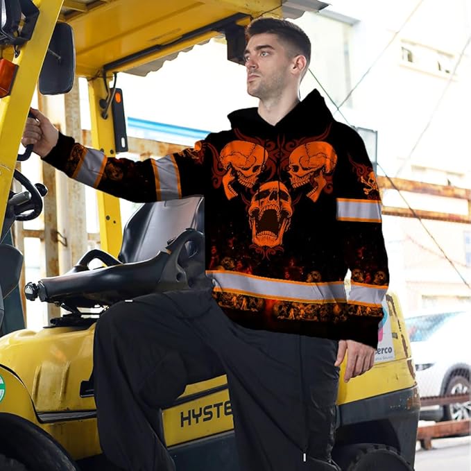 Matedecor Skull US Flag Reflective High Visibility Hoodie For Men Construction Hi Vis Safety Workwear Custom Name