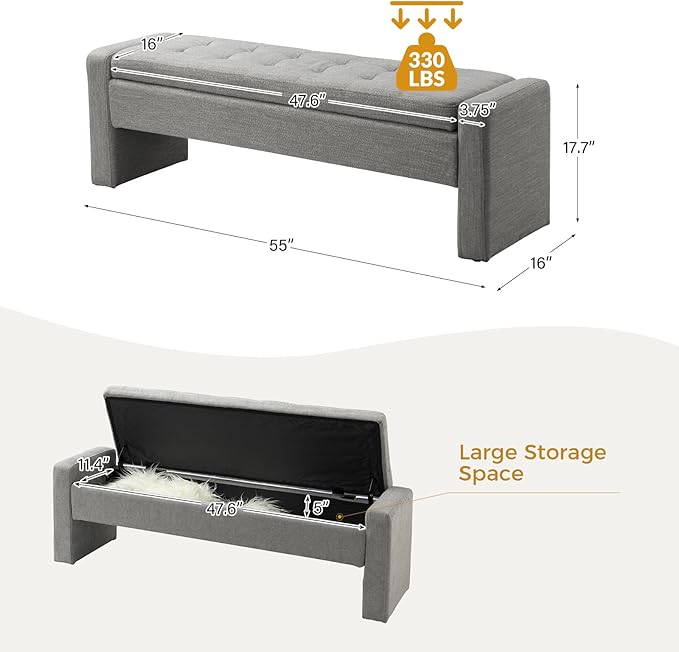 55" Modern Upholstered Storage Bench with Tufted Seat, Fabric Ottoman Bench for Bedroom, Entryway, or Living Room, Soft Close Hinge,Grey