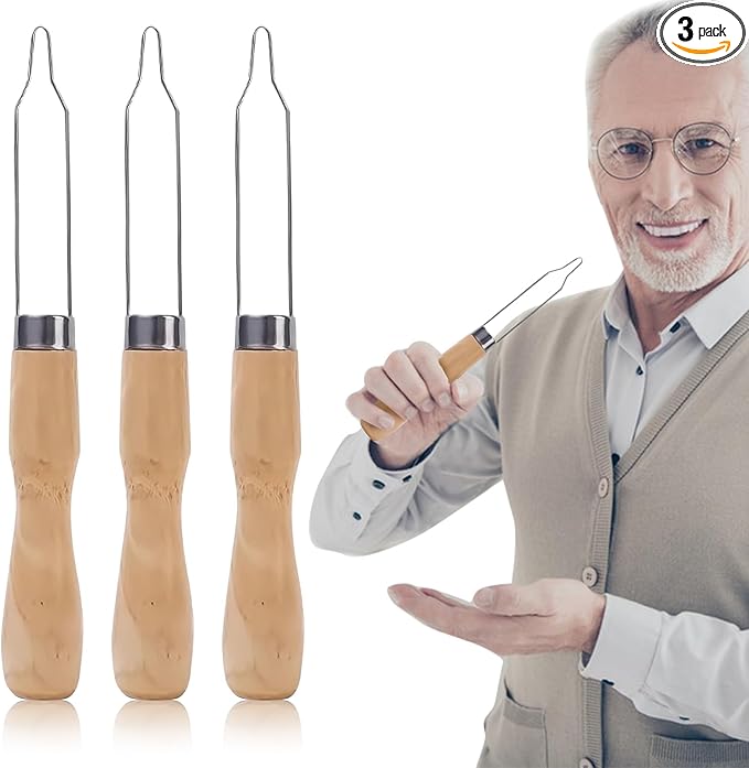 3-Pack Button Hook Assist Device with Easy-Grip Wooden Handle for Shirts, Coats, Dresses - Ideal Button Aids for Arthritis & Limited Dexterity