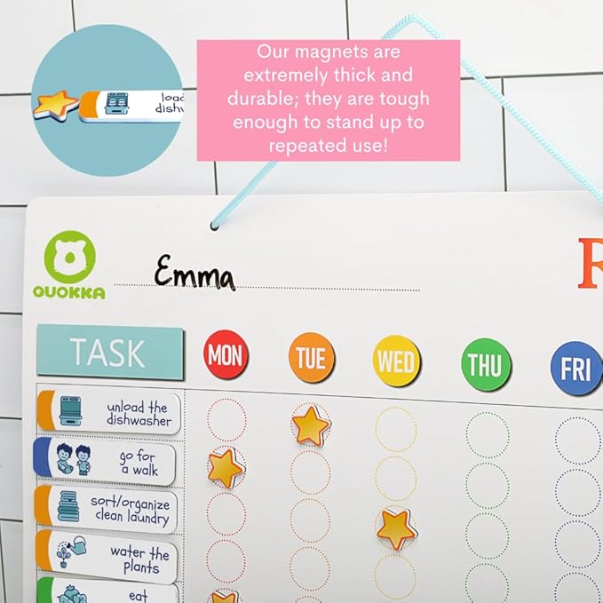 QUOKKA Reward Chart for Kids - Magnetic Behavior Chore Chart for Kids at Home - Dry and Erase Routine and Responsibility - Use 84 Magnets & 102 Stars - from Toddlers to Teens - Version 1 Extended