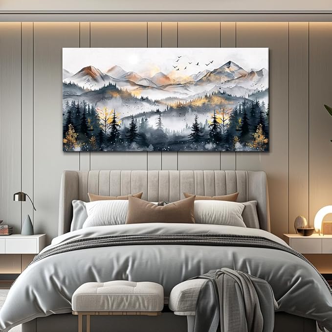 KELIYUAN Abstract Wall Decor Large Wall Art For Living Room Office Decoration Ink Mountain Landscapes Wall Painting Misty Forest Pictures Bedroom Canvas Artwork Ready To Hang Home Decor 24"x48"