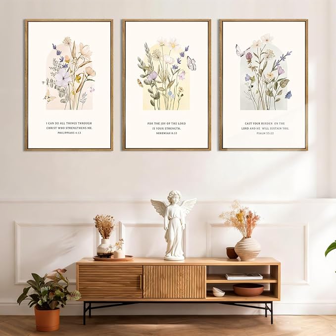 IARTTOP Extra Large Christian Floral Wall Art Framed 24x36 Inch Bible Verse Scripture Art Prints Minimalist Botanical Wildflower Religious Canvas Wall Decor for Living room Bedroom Set of 3