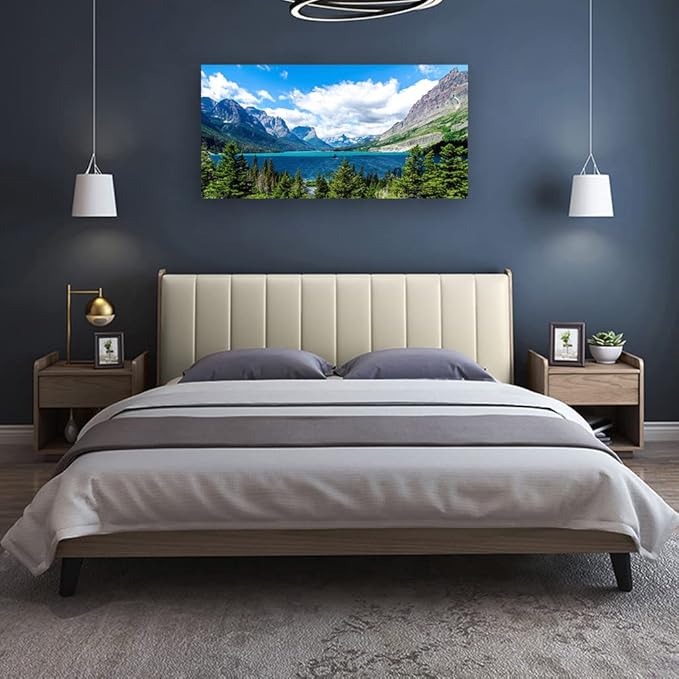 Landscape Canvas Wall Art for Living Room Wall Decor Glacier National Park Canvas Pictures Blue Sky Mountain Forest Nature Painting Artwork Office Home Decorations Framed Ready to Hang 29" x 58"