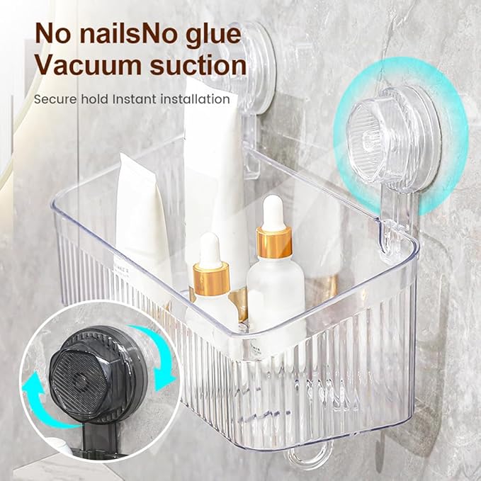 No-Drill Bathroom Suction Storage Box, Corrugated Suction Cup Wall Organizer, Removable Hanging Storage Basket with Strong Hold, Acrylic Shower Caddy for Bathroom (Grey S)