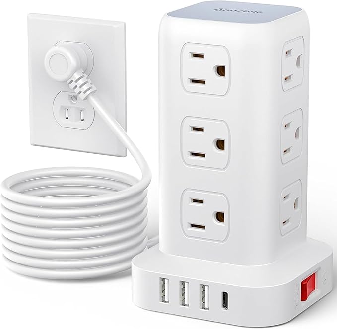 Surge Protector Power Strip 10 FT Cord, Power Strip Tower with 4 USB Ports (1USB C), Extension Cord with 12 AC Multiple Outlets, Home Office Supplies Desk Accessories, Dorm Room Essentials