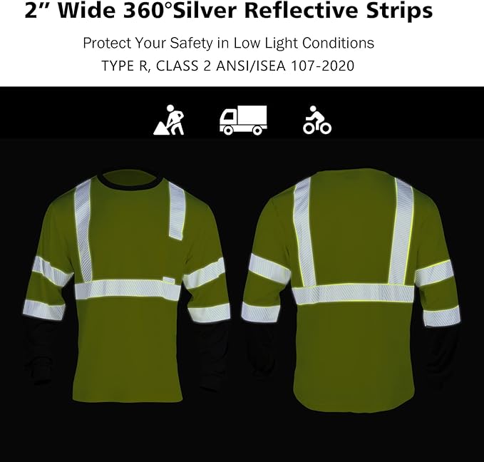 VENDACE Safety Reflective Hi Vis Long Sleeve Shirts for Men ANSI Class 3 High Visibility Construction Work T Shirts (Yellow,L)