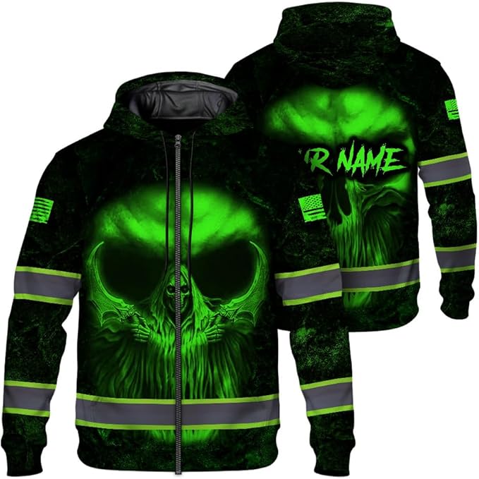 Maddly Hi Vis Reflective Zip Up Hoodie, High Visibility Safety Jacket with Skull Design for runner, worker, trucker, cyclist