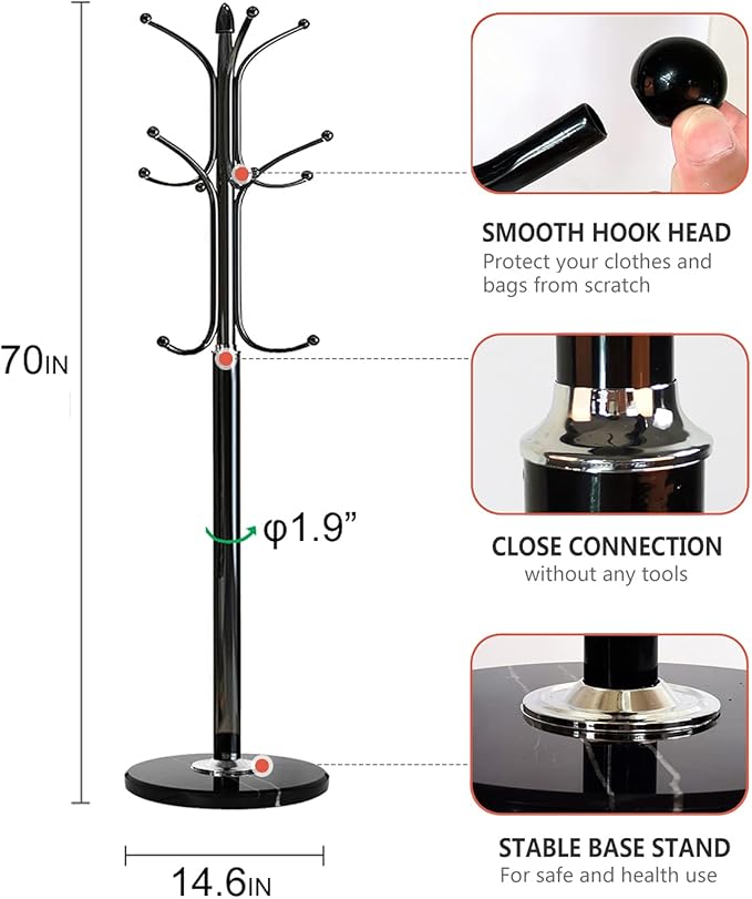 Kertnic Metal Coat Rack Stand with Natural Marble Base, Free Standing Hall Tree with 12 Hooks for Hanging Scarf, Bag, Jacket, Home Entry-way Hat Hanger Organizer (Black)