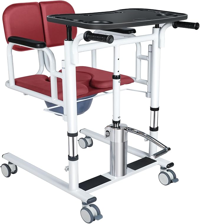 Drexo Patient Lift Transfer Chair, 5 in 1 Patient Lift Chair with 180°Split Seat, Height Adjustable Patient Transfer Chair with 4 Casters for Home Seniors Elderly, Load 450Lbs (Non-Fold, Red)