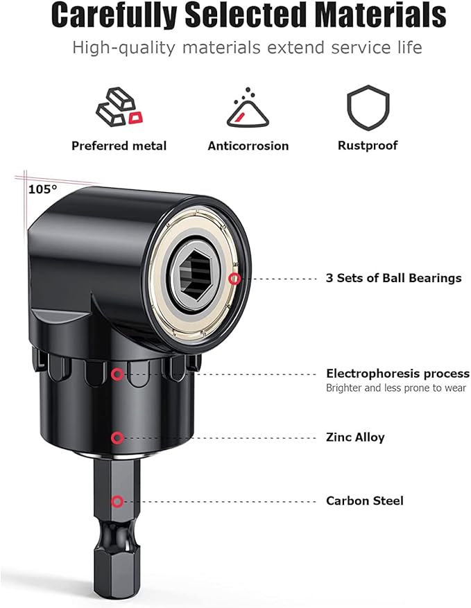 105 Degree Right Angle Drill Adapter Set, 1/4-1/2 Inch Socket Adapters, 4-in-1 Impact Grade Extension Kit with 360° Rotation for Household Workplace Industry