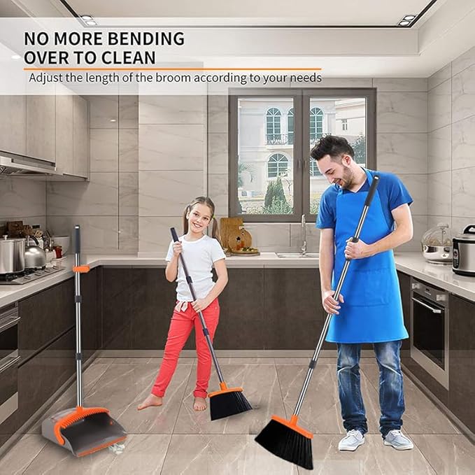 2-Pack is More economical，Upgraded Upright Broom and Dustpan Combo with 52" Long Handle, Dustpan Teeth with self-Cleaning Function, Indoor and Outdoor Sweeping, Perfect for Home Office.