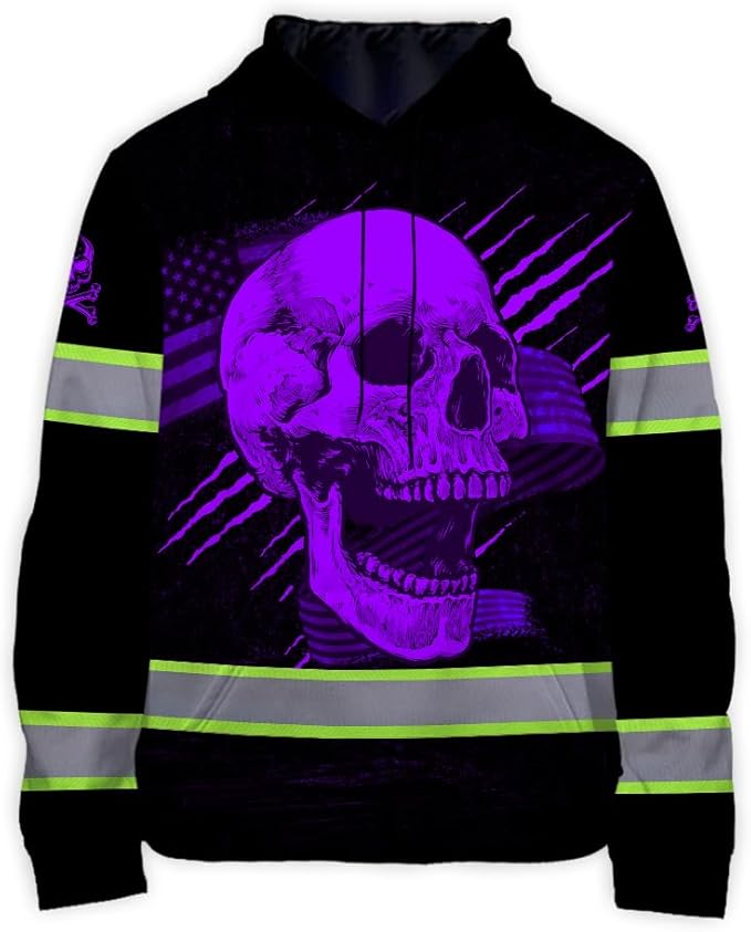 Matedecor Skull US Flag Reflective High Visibility Hoodie For Men Construction Hi Vis Safety Workwear Custom Name