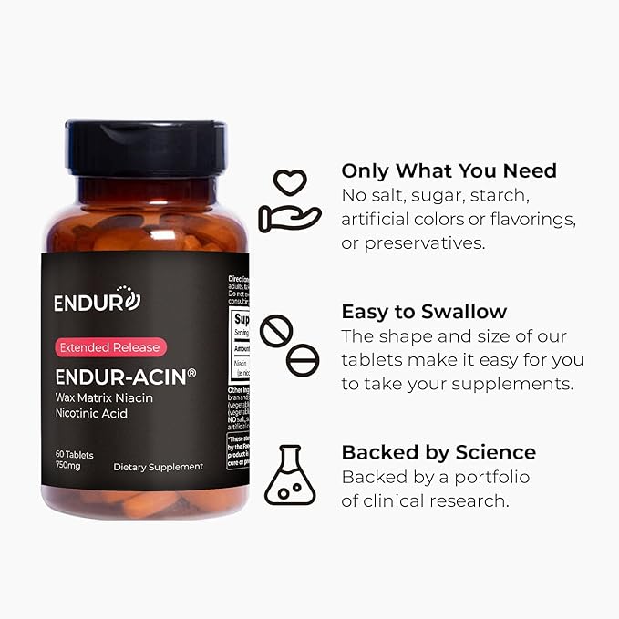 ENDUR-ACIN Niacin, Supports Heart & Circulatory Function, Extended Release Formula, Gluten Free, 750mg (60 Tablets)