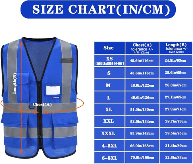 A-SAFETY Big and tall Blue high vis Reflective Work Ves 7 Pockets,4XL-5XL