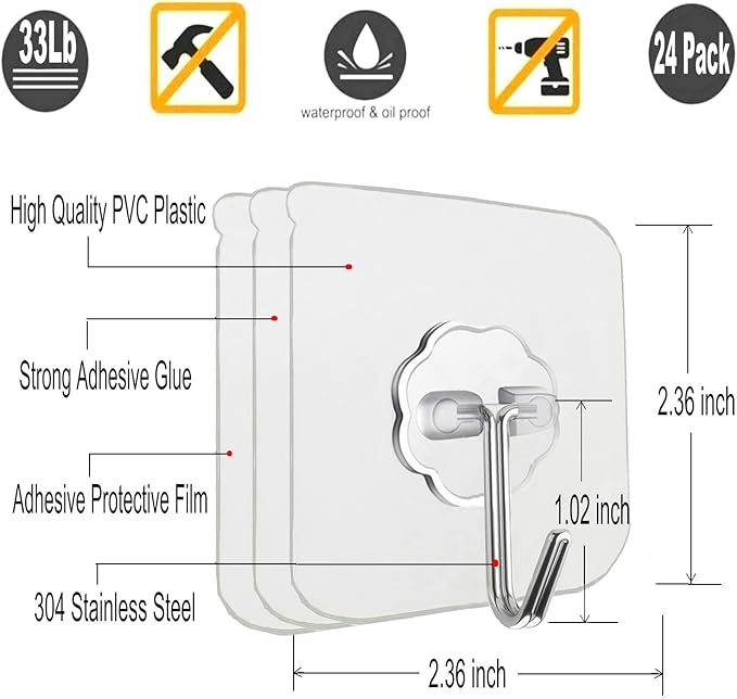 24 Pack Heavy Duty Self Adhesive Hooks - 33lb Max, Transparent, Waterproof, Sticky Wall Hooks for Keys, Bathroom, Shower, Outdoor, Kitchen, Door, Home Improvement, Utility