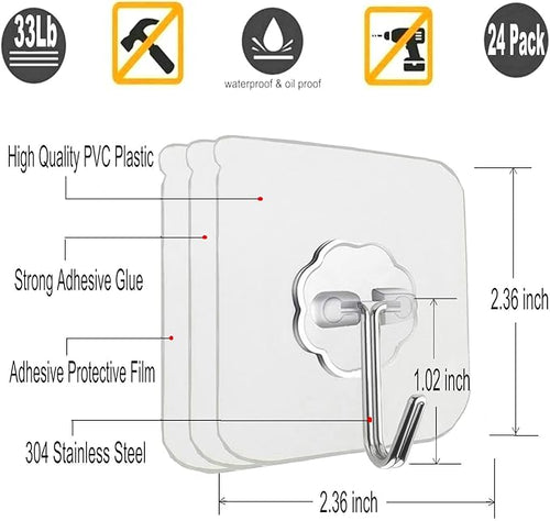 12 Pack Heavy Duty Self Adhesive Hooks - 33lb Max, Transparent, Waterproof, Sticky Wall Hooks for Keys, Bathroom, Shower, Outdoor, Kitchen, Door, Home Improvement, Utility