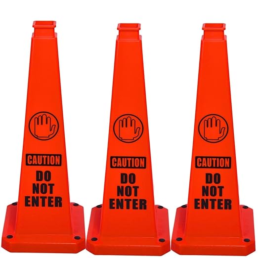 BESEA Caution Cone 3 Pack, 28" Caution Cone with Weighted Base, Red 4-Sided “Cantion Do NOT Enter ” Warning Cone for Creation Area Driveways, Business Parking Lots, Garages, Indoor/Outdoor