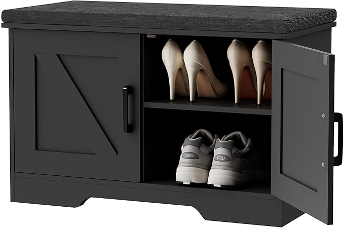2-Tier Storage Bench, 27.6" Wide Shoe Bench with Padded Seat Cushion, Entryway Bench with 2 Barn Doors and Adjustable Shelf, Black