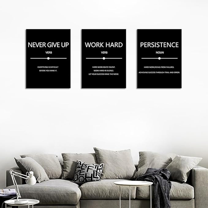 Unbruvo Inspirational Canvas Wall Art, Motivational Office Wall Decor, 3 Pieces Black Never Give Up Positive Quotes Wall Art for Workplace Living Room Bedroom(72''Wx 36''H)