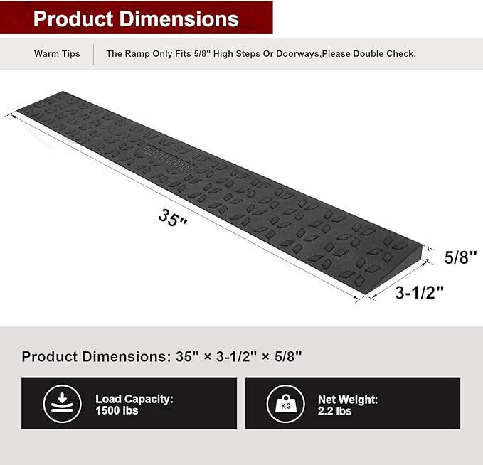 Ruedamann 0.6" Rise Threshold Ramps for Doorways, Sturdy Rubber Threshold Ramp, Non-Slip Ramp for Wheelchair for Home, Adjustable and Cuttable for Wheelchairs, Scooters, Sweepers, Curbs