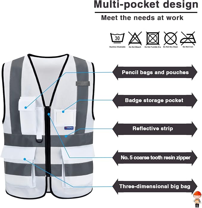 A-SAFETY XSmall White High Visibility Safety Vest with 4 Reflective Strips 7 Pockets,White X-Small