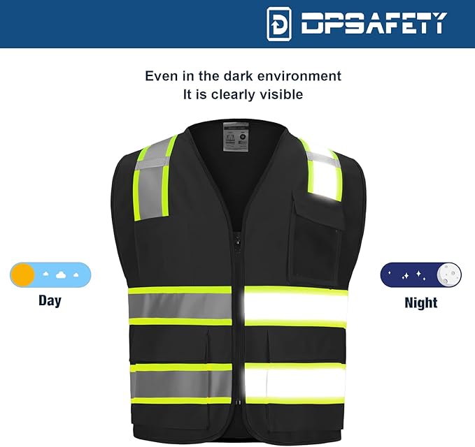 9 Pocket Hi Vis Safety Vest with Reflective Strips - Zipper Construction Work Vest for Men & Women - Black, 3XL